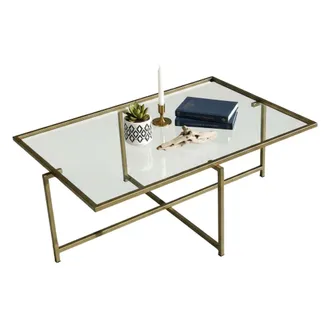 Dmora Dmora - Mesa De Caf&eacute; Dheneb, Mesa De Centro Baja, Revistero Para Sof&aacute;, Estante De La Sala De Estar, 94x64h35 Cm, Oro, Con Embalaje Reforzado