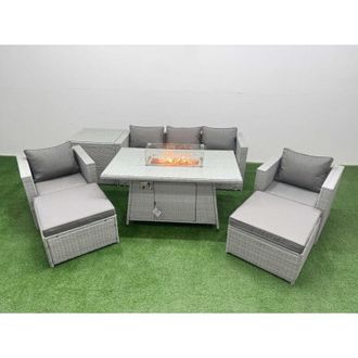 Fimous 7 Seat pe Rattan Lounge Sofa Set Outdoor Garden Furniture Set with Firepit Dining Table 3 Seater Sofa 2 Big Footstools Side Table Light Grey - Fimous