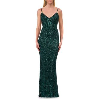 La Femme Print Sequin Gown in Jewel Tones with V Neckline in Dark Emerald at Nordstrom, Size 12
