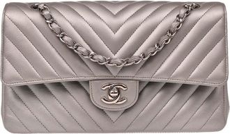 Chanel Timeless - Classic Double Flap Leather Silver Calfskin Handbag (Pre-Owned)