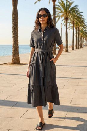 Roman Button Detail Tiered Midi Dress