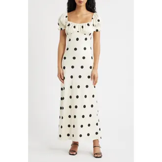 Lulus Keaton Dot Puff Sleeve Maxi Dress in Ivory /Black Polka Dot at Nordstrom, Size X-Small