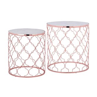 WOMO-DESIGN 2x mesa auxiliar lateral &oslash;40/45 cm redonda de m&aacute;rmol blanco y metal