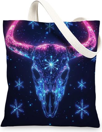 Generic Christmas Western Cow Skull Canvas Tote Bag for Shopping 13x15, Winter Xmas Southwest Reusable Grocery Print Bag for Women Men, Holiday New Year Aesth
