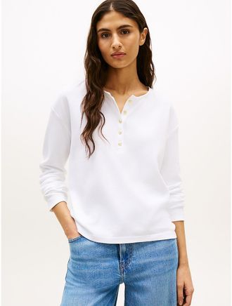Tommy Hilfiger Womens Relaxed Fit Cotton Interlock Henley - White - XXL