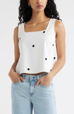 Open Edit Square Neck Sleeveless Linen Blend Top in White- Black Grande Dot at Nordstrom, Size Xx-Small