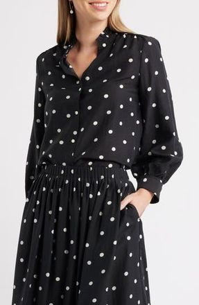 Caslon Ruffle Button-Up Shirt in Black- Ivory Disorderly Dot at Nordstrom Rack, Size Xx-Large