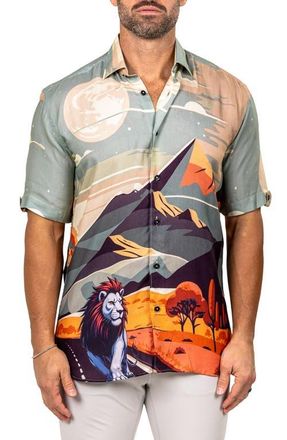 Maceoo Galileo Marthy Short Sleeve Button-Up Shirt in Beige/Blue Multi at Nordstrom, Size 7