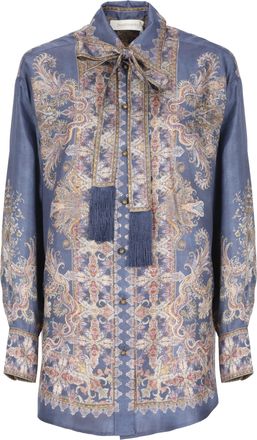 Zimmermann Blue Jeans Bow-Collar Printed Silk Shirt