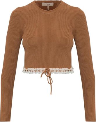 Chlo&eacute; Truien & Vesten, Dames, Bruin, S, Wol, Gebreide trui met kanten details