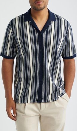 Wax London Ivy Stripe Knit Camp Shirt in Navy/ecru at Nordstrom, Size X-Large