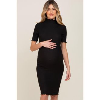 Pinkblush Ribbed Mock Neck Fitted Midi Dress in Black at Nordstrom, Size Medium