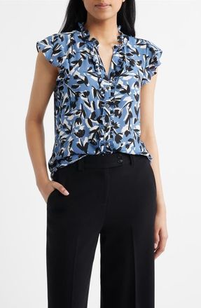 Anne Klein Abstract Floral V-Neck Button-Up Knit Top in Blue Jay Multi at Nordstrom, Size X-Small P