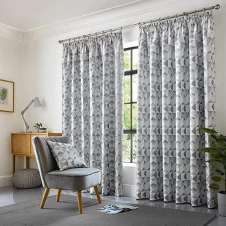 Alan Symonds Alan Symonds Skandi Geometric Fully Lined 90x72 Pencil Pleat Silver Curtain Pair, 90 x 72 (229 x 183cm)