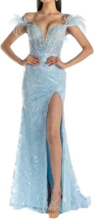 Sherri Hill Sequin Lace Feather Sleeve Prom Dress In Light Blue