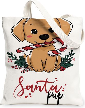Generic Christmas Dog Canvas Tote Bags, Adorable Puppy Design Reusable Shopping Bags, Holiday Lightweight Washable Shoulder Strap C, White, 13x15 Inch