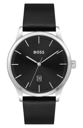 BOSS Reason Quartz Leather Strap Watch, 43mm in Black at Nordstrom Rack