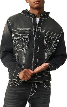 True Religion Super T Hooded Denim Jacket in Smog Overdye Black Wash at Nordstrom, Size Xx-Large