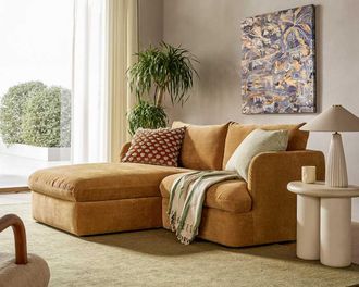 Castlery Ollie Storage Small Chaise Sectional Sofa Left Facing, Mustard Brown, Removable Covers, Gaslift Storage