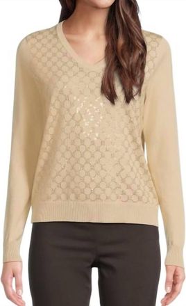 Elliott Lauren Pop Top Long Sleeve V-Neck Sweater In Almond