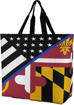 Generic Blue Line U.S. Maryland Flag Tote Bag Reusable Grocery Shopping Bags Large Travel One Shoulder Handbag for Picnic Work