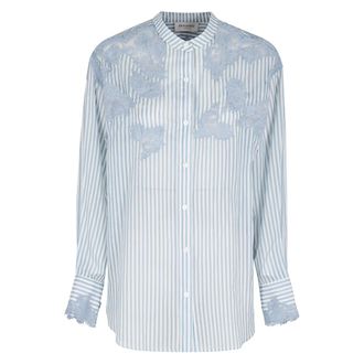 Ermanno Scervino Overhemden, Dames, Blauw, M, Katoen, Gestreept kanten shirt