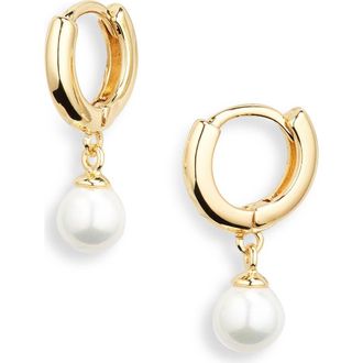 Nordstrom Rack Faux Pearl Dangle Huggie Hoop Earrings in White- Gold at Nordstrom Rack