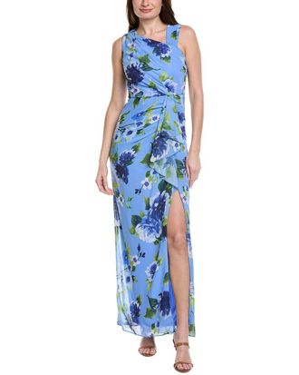 Adrianna Papell Asymmetrical Draped Floral Chiffon Gown