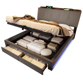 STILVORA Cama Con Almacenaje 140 X 200 Cm Con Usb, Type-c, Led Y 2 Cajones, Sin Colch&oacute;n, Gris