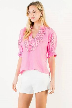 THML Clothing Puff Sleeve Floral Embroidery V-Neck Top In Pink