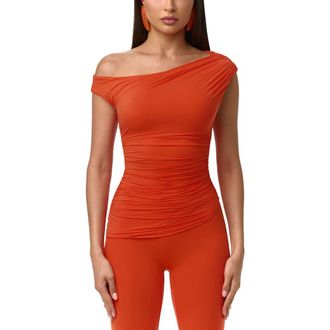Naked Wardrobe Ruched One-Shoulder Top in Tangerine at Nordstrom, Size X-Large