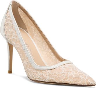 Stuart Weitzman Stuart Power 85 Lace Pointed Toe Pump in Blanco/Beige/Blanco at Nordstrom, Size 7.5