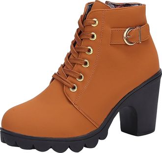 Generic Womens Ankle Boots Block Heel Lace-Up Zipper PU Leather Elegant Stylish Ladies Booties High Heels Casual Shoes Lightweight Cozy Autumn Winter size 6.5