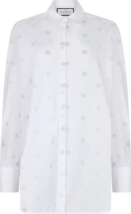 Philipp Plein Regular Fit Shirt Monogram Crystal - Dames - Overhemden - Wit - L - Katoen - Overhemden