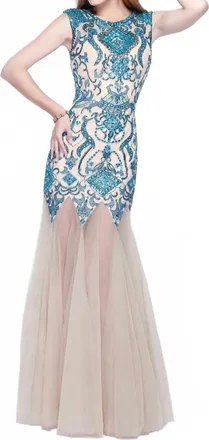 Primavera Open Back Elegant Evening Gown In Peacock