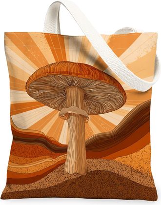 Generic Mushroom Canvas Tote Bags, Retro Nature Design Reusable Grocery Bags, Autumn Lightweight Washable Shoulder Strap Canvas for, Orange, 13x15 Inch