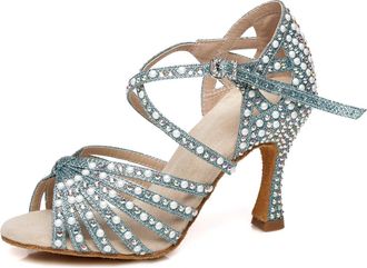 Minitoo Womens Ballroom Dance Shoes Glitter Rhinestones Salsa Latin Dancing Heels L429 Light Green UK 7.5