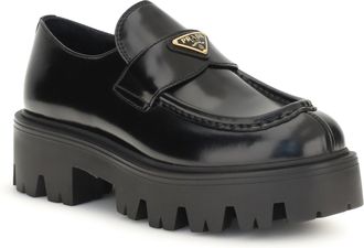 Prada Womens Brushed Leather Loafers Nero