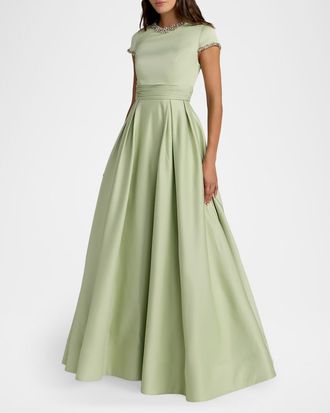 Mac Duggal Embellished Satin Cap-Sleeve Gown