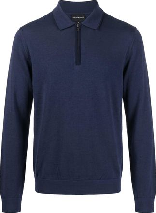 Emporio Armani Navy Blue Virgin Wool Fine Knit Half-Zip Polo Shirt