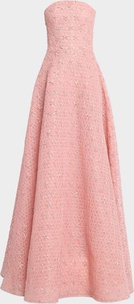 Naeem Khan Floral Cording Strapless A-Line Gown