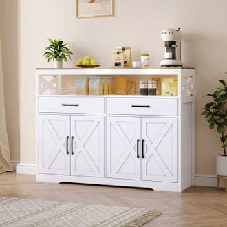 OEM Armario De Almacenamiento Con Puertas Y Estantes Ajustables 140x105x40 Cm Panel De Fibra Blanca Y Madera Estilo Campestre