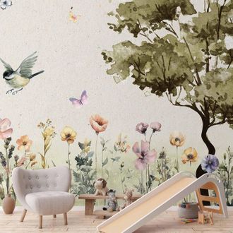 OEM Carta Da Parati Fotografica - Prato Primaverile - Una Radura Con Fiori Dipinta Ad Acquerello
