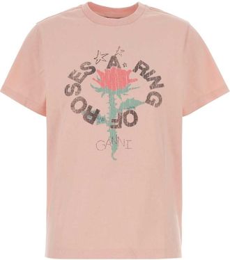 Ganni Light Pink Crew Neck Graphic Print T-Shirt