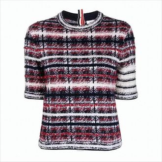 Thom Browne Short-Sleeved Textured Knit Plaid Sweater