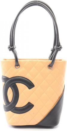 Chanel Beige Black Leather Handbag Tote Bag (Pre-Owned)