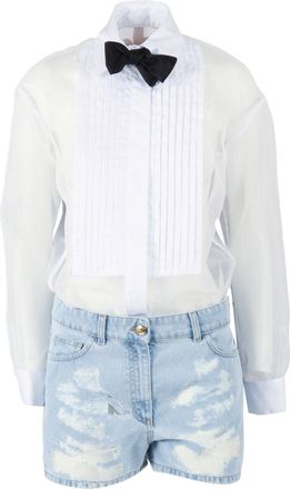 Elisabetta Franchi White Blouse Distressed Denim Jumpsuit