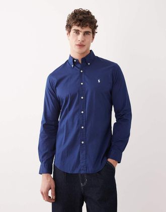 Polo Ralph Lauren Camicia a maniche lunghe in twill di cotone blu navy con logo iconico