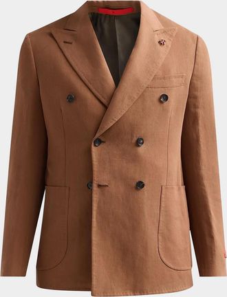 Isaia Men & apos;s Linen Double-Breasted Peak-Lapel Sport Coat