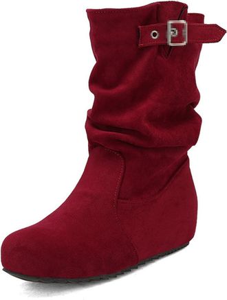 Generic Womens Suede Western Ankle Boots, Wedge Heel Wide Shaft Pull-On Design for Comfortable Cowboy Style,Red,10 UK